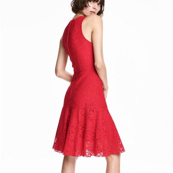 NWOT💕H & M Holiday Red Lace Midi Fit Flare Dress - Picture 7 of 12